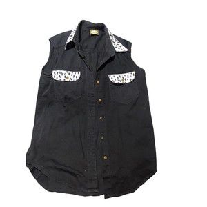 Black denim like Vest with Cow accent on collar and pockets Sz Large made in USA
